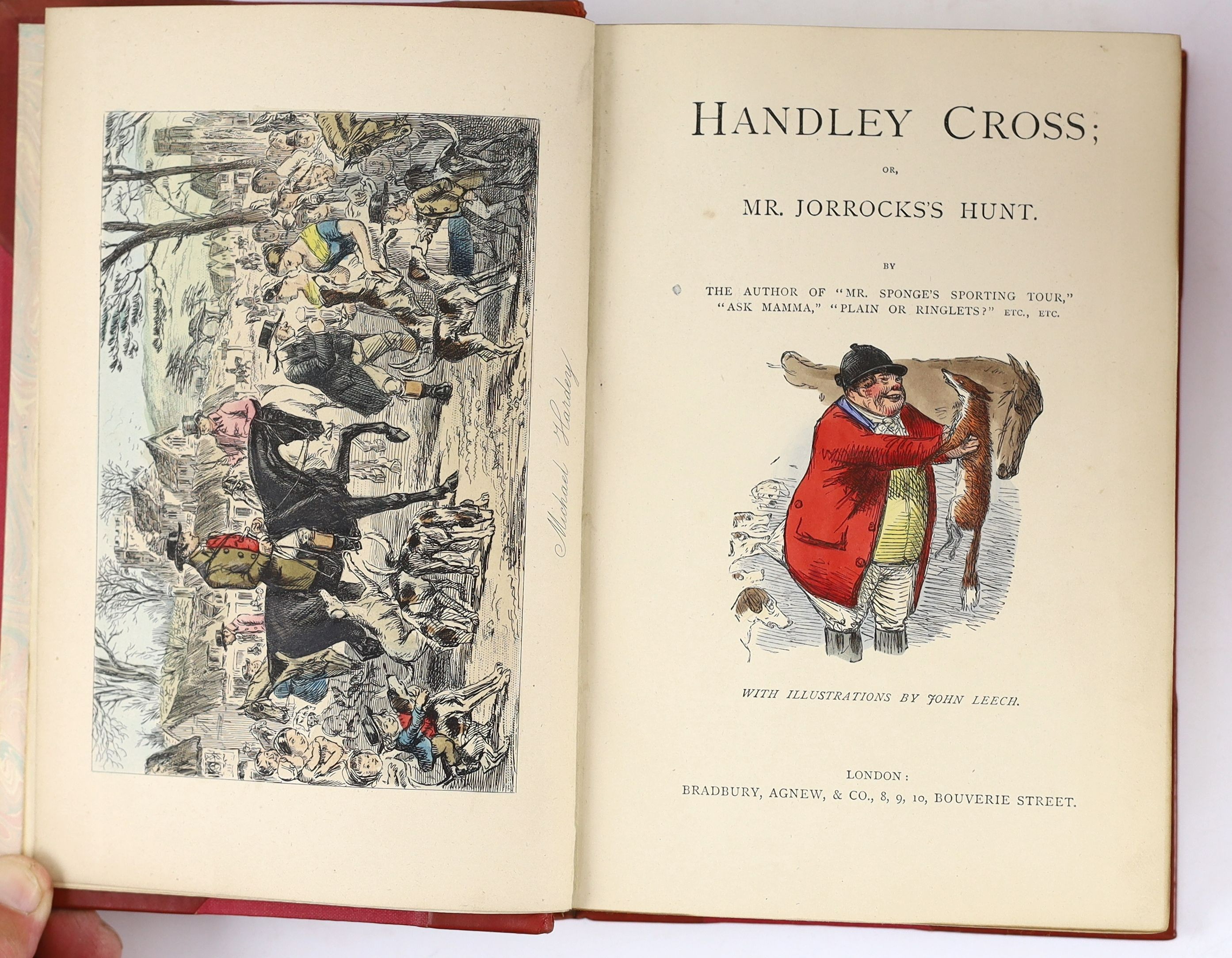Surtees, Robert Smith - [Sporting Novels], illustrated by John Leech, 6 vols: Ask Mamma; Mr Sponge’s Sporting Tour; Mr Romford’s Hounds; ‘’Plain or Ringlets?’’; Hawbuck Grange and Handley Cross, 8vo, uniform half red mor
